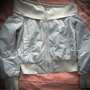 Light Blue/Gray Women's Bomber Jacket off the shoulder